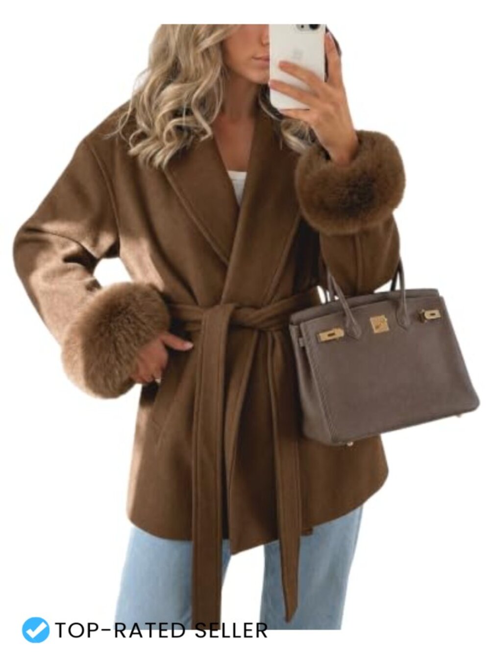 Women's Winter Wrap Pea Coat Faux Fur Belted Overcoat